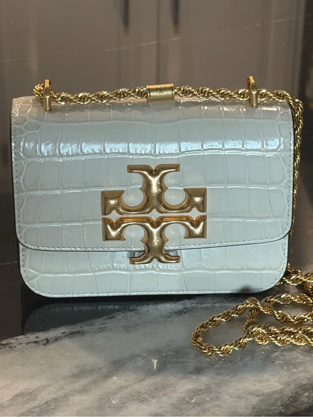 Tory Burch Eleanor Small Cream Croc-Embossed Convertible shoulder Bag